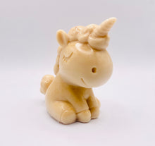 Load image into Gallery viewer, Handmade vegan soaps featuring a cute happy unicorn wrapped in beautiful eco friendly packaging. crafted with natural French clays, activated charcoal and essential oils. a eco-friendly, zero waste gift that’s cruelty-free, skin-nourishing, the perfect gift for unicorn lovers, or for animal lover gifts. small business UK