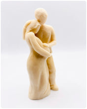 Load image into Gallery viewer, Handmade vegan soaps featuring a pregnant couple with the man gently embracing the woman and placing his hand on her stomach / bump . packaged in beautiful eco friendly packaging. crafted with natural French clays, activated charcoal and essential oils. a eco-friendly, zero waste gift that’s cruelty-free, skin-nourishing, the perfect gift for any new mother or baby shower gift. UK Small Business
