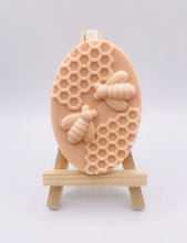 Load image into Gallery viewer, Handmade vegan soaps featuring two bees on honeycomb wrapped in beautiful eco friendly packaging crafted with natural French clays, activated charcoal and essential oils. a eco-friendly, zero waste gift that’s cruelty-free, skin-nourishing, and perfect gift for bee lovers and animal themed gifts. small business UK