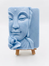 Load image into Gallery viewer, Handmade vegan soaps featuring a beautiful buddha and lotus flower and wrapped in beautiful eco friendly packaging crafted with natural French clays, activated charcoal and essential oils. a eco-friendly, zero waste gift that’s cruelty-free, skin-nourishing, and perfect gift for buddha lovers. small business UK