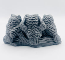 Load image into Gallery viewer, Handmade vegan soaps featuring the three wise owls sat on a log. see no evil, hear no evil speak no evil. crafted with natural French clays, activated charcoal and essential oils. a eco-friendly, zero waste gift that’s cruelty-free, skin-nourishing, and perfect for animal lovers and teacher appreciation gifts. small business UK