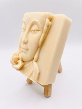 Load image into Gallery viewer, Handmade vegan soaps featuring a beautiful buddha and lotus flower and wrapped in beautiful eco friendly packaging crafted with natural French clays, activated charcoal and essential oils. a eco-friendly, zero waste gift that’s cruelty-free, skin-nourishing, and perfect gift for buddha lovers. small business UK