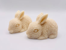 Load image into Gallery viewer, Handmade vegan soaps featuring a set of two detailed rabbit soaps, beautifully gift boxed in eco friendly packaging. crafted with natural French clays, activated charcoal and essential oils. a eco-friendly, zero waste gift that’s cruelty-free, skin-nourishing, and perfect for rabbit owners gifts and Mother’s Day. Small business UK