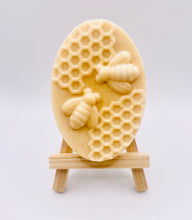 Load image into Gallery viewer, Handmade vegan soaps featuring two bees on honeycomb wrapped in beautiful eco friendly packaging crafted with natural French clays, activated charcoal and essential oils. a eco-friendly, zero waste gift that’s cruelty-free, skin-nourishing, and perfect gift for bee lovers and animal themed gifts. small business UK