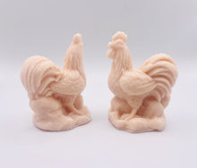 Load image into Gallery viewer, Handmade vegan soaps featuring a set of two cockerels gift boxed in beautiful eco friendly packaging. crafted with natural French clays, activated charcoal and essential oils. a eco-friendly, zero waste gift that’s cruelty-free, skin-nourishing, the perfect gift for chicken lovers or for animal lover gifts. small business UK