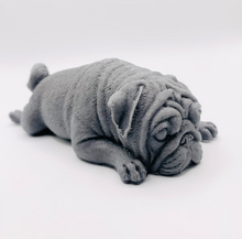 Load image into Gallery viewer, Handmade vegan soap featuring sleepy pug lying down and packed in beautiful eco friendly packaging. crafted with natural French clays, activated charcoal and essential oils. a eco-friendly, zero waste gift that’s cruelty-free, skin-nourishing, and perfect for pug owners, dog lovers or animal themed gifts. Small business UK