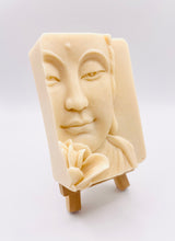 Load image into Gallery viewer, Handmade vegan soaps featuring a beautiful buddha and lotus flower and wrapped in beautiful eco friendly packaging crafted with natural French clays, activated charcoal and essential oils. a eco-friendly, zero waste gift that’s cruelty-free, skin-nourishing, and perfect gift for buddha lovers. small business UK
