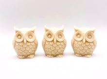 Load image into Gallery viewer, Handmade vegan soaps featuring a set of three owls, gift boxed in beautiful eco friendly packaging. crafted with natural French clays, activated charcoal and essential oils. a eco-friendly, zero waste gift that’s cruelty-free, skin-nourishing, the perfect gift for owl lovers and animal lovers. small business UK