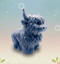 Load image into Gallery viewer, Handmade vegan soaps featuring a large detailed highland cow. crafted with natural French clays, activated charcoal and essential oils. a eco-friendly, zero waste gift that’s cruelty-free, skin-nourishing, and perfect for highland coo lovers and animal themed gifts. small business UK
