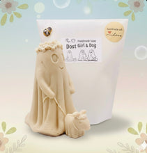 Load image into Gallery viewer, handmade vegan soap featuring a ghost with a flower crown walking a small dog, set against a soft pastel background for a whimsical farmhouse decor touch.