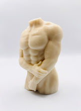 Load image into Gallery viewer, Handmade vegan soaps featuring a masculine male sculpture, packaged in beautiful eco friendly packaging. crafted with natural French clays, activated charcoal and essential oils. a eco-friendly, zero waste gift that’s cruelty-free, skin-nourishing, the perfect gift for Pride or hen party gifts. small business UK