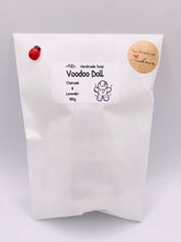 Load image into Gallery viewer, Handmade vegan soaps featuring a voodoo doll with stitching soap. crafted with natural French clays, activated charcoal and essential oils. a eco-friendly, zero waste gift that’s cruelty-free, skin-nourishing, and perfect for alternative gifts and Halloween gifts. Small business UK