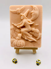 Load image into Gallery viewer, Witch gift - Halloween  gift - boo box gift - Wicked Witch Vegan Soap eco conscious gifts - spooky season - This enchanting soap really gives me witchy vibes as she fly's on her broomstick with the moon behind her. Available to purchase in your choice of colour and essential oil.