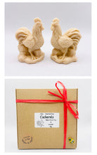 Load image into Gallery viewer, Handmade vegan soaps featuring a set of two cockerels gift boxed in beautiful eco friendly packaging. crafted with natural French clays, activated charcoal and essential oils. a eco-friendly, zero waste gift that’s cruelty-free, skin-nourishing, the perfect gift for chicken lovers or for animal lover gifts. small business UK