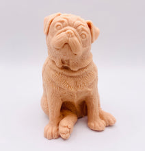 Load image into Gallery viewer, Handmade vegan soaps featuring a cute sitting pug dog. crafted with natural French clays, activated charcoal and essential oils. a eco-friendly, zero waste gift that’s cruelty-free, skin-nourishing, and perfect for pug owner gifts and dog lovers. Beautiful eco friendly packaging. Small Business UK