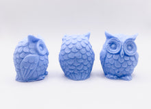 Load image into Gallery viewer, Handmade vegan soaps featuring a set of three owls, gift boxed in beautiful eco friendly packaging. crafted with natural French clays, activated charcoal and essential oils. a eco-friendly, zero waste gift that’s cruelty-free, skin-nourishing, the perfect gift for owl lovers and animal lovers. small business UK