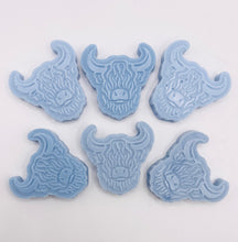 Load image into Gallery viewer, Handmade vegan soaps featuring a set of six mini highland cow soaps gift boxed in beautiful eco friendly packaging. crafted with natural French clays, activated charcoal and essential oils. a eco-friendly, zero waste gift that’s cruelty-free, skin-nourishing, and perfect for highland coo lovers or animal themed gifts. Small business UK