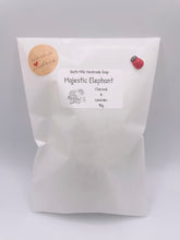 Load image into Gallery viewer, Handmade vegan soaps featuring a majestic elephant head. beautiful eco friendly packaging. crafted with natural French clays, activated charcoal and essential oils. a eco-friendly, zero waste gift that’s cruelty-free, skin-nourishing, the perfect gift for elephant lovers and animal lovers. UK Small Business