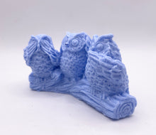 Load image into Gallery viewer, Handmade vegan soaps featuring the three wise owls sat on a log. see no evil, hear no evil speak no evil. crafted with natural French clays, activated charcoal and essential oils. a eco-friendly, zero waste gift that’s cruelty-free, skin-nourishing, and perfect for animal lovers and teacher appreciation gifts. small business UK