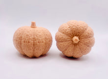Load image into Gallery viewer, Handmade vegan soaps featuring a set of two chunky pumpkins gift boxed in beautiful eco friendly packaging crafted with natural French clays, activated charcoal and essential oils. a eco-friendly, zero waste gift that’s cruelty-free, skin-nourishing, and perfect gift for autumn lovers and halloween gifts. small business UK