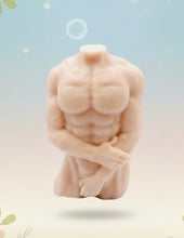 Load image into Gallery viewer, Handmade vegan soaps featuring a masculine male sculpture, packaged in beautiful eco friendly packaging. crafted with natural French clays, activated charcoal and essential oils. a eco-friendly, zero waste gift that’s cruelty-free, skin-nourishing, the perfect gift for Pride or hen party gifts. small business UK