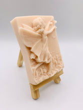 Load image into Gallery viewer, Handmade vegan soap featuring a pretty fairy chasing a butterfly and packaged in beautiful eco friendly packaging. crafted with natural French clays, activated charcoal and essential oils. a eco-friendly, zero waste gift thatās cruelty-free, skin-nourishing, and perfect for fairy lovers and whimsical themed gifts. Small business UK
