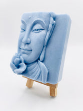 Load image into Gallery viewer, Handmade vegan soaps featuring a beautiful buddha and lotus flower and wrapped in beautiful eco friendly packaging crafted with natural French clays, activated charcoal and essential oils. a eco-friendly, zero waste gift that’s cruelty-free, skin-nourishing, and perfect gift for buddha lovers. small business UK