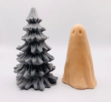 Load image into Gallery viewer, Handmade vegan soaps featuring a ghost and christmas tree gift boxed in beautiful eco friendly packaging crafted with natural French clays, activated charcoal and essential oils. a eco-friendly, zero waste gift that’s cruelty-free, skin-nourishing, and perfect for creepmas gifts and horror gifts. small business UK