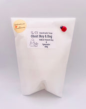 Load image into Gallery viewer, Handmade vegan soaps shaped as a cute ghost walking a dog. crafted with natural French clays, activated charcoal and essential oils. a eco-friendly, zero waste gift that’s cruelty-free, skin-nourishing, and perfect for Halloween and gifting. Small business UK.