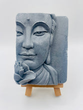 Load image into Gallery viewer, Handmade vegan soaps featuring a beautiful buddha and lotus flower and wrapped in beautiful eco friendly packaging crafted with natural French clays, activated charcoal and essential oils. a eco-friendly, zero waste gift that’s cruelty-free, skin-nourishing, and perfect gift for buddha lovers. small business UK