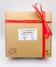 Load image into Gallery viewer, Handmade vegan soaps featuring a set of two detailed rabbit soaps, beautifully gift boxed in eco friendly packaging. crafted with natural French clays, activated charcoal and essential oils. a eco-friendly, zero waste gift that’s cruelty-free, skin-nourishing, and perfect for rabbit owners gifts and Mother’s Day. Small business UK