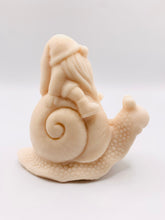Load image into Gallery viewer, Handmade vegan soaps featuring a detailed snail with a gnome catching a ride on his back soap. crafted with natural French clays, activated charcoal and essential oils. a eco-friendly, zero waste gift that’s cruelty-free, skin-nourishing, and perfect for turtle lovers and gnome lover gifts. small business UK