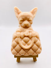 Load image into Gallery viewer, Handmade vegan soaps featuring a chihuahua peeping out of a handbag packaged in beautiful eco friendly packaging. crafted with natural French clays, activated charcoal and essential oils. a eco-friendly, zero waste gift thatās cruelty-free, skin-nourishing, the perfect gift for dog lovers or animal lovers. small business UK