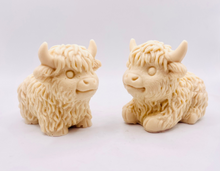 Load image into Gallery viewer, Handmade vegan soaps featuring a set of two chunky highland cow soaps, gift boxed .. crafted with natural French clays, activated charcoal and essential oils. a eco-friendly, zero waste gift that’s cruelty-free, skin-nourishing, and perfect for animal lover gifts and highland cow gifts for her. UK Small Business.