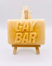 Load image into Gallery viewer, Handmade vegan soaps featuring the wording GAY BAR novelty gift. crafted with natural French clays, activated charcoal and essential oils. a eco-friendly, zero waste gift that’s cruelty-free, skin-nourishing, and perfect for pride gifts and LGBTQ gifts, hen party favours. wrapped in beautiful eco friendly packaging.