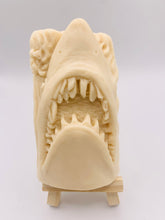 Load image into Gallery viewer, Handmade vegan soaps featuring a shark with his mouth open and jagged teeth showing . gift boxed in beautiful eco friendly packaging. crafted with natural French clays, activated charcoal and essential oils. a eco-friendly, zero waste gift that’s cruelty-free, skin-nourishing, the perfect gift for shark lovers and animal lovers. UK Small Business