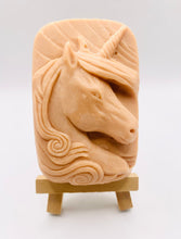Load image into Gallery viewer, Handmade vegan soaps featuring a unicorn head and wrapped in beautiful eco friendly packaging crafted with natural French clays, activated charcoal and essential oils. a eco-friendly, zero waste gift that’s cruelty-free, skin-nourishing, and perfect gift for unicorn lovers. small business UK