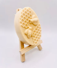 Load image into Gallery viewer, Handmade vegan soaps featuring two bees on honeycomb wrapped in beautiful eco friendly packaging crafted with natural French clays, activated charcoal and essential oils. a eco-friendly, zero waste gift that’s cruelty-free, skin-nourishing, and perfect gift for bee lovers and animal themed gifts. small business UK