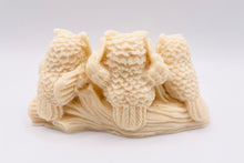 Load image into Gallery viewer, Handmade vegan soaps featuring the three wise owls sat on a log. see no evil, hear no evil speak no evil. crafted with natural French clays, activated charcoal and essential oils. a eco-friendly, zero waste gift that’s cruelty-free, skin-nourishing, and perfect for animal lovers and teacher appreciation gifts. small business UK