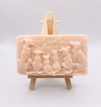 Load image into Gallery viewer, dog lover gift. cat lover gift. animal lover gift. zero waste gift. modern gifts. handmade home style. This beautifully detailed, chunky bar features a line-up of our loyal four-legged friends, reminding us of the love, joy, and muddy footprints they bring into our lives. The one in the photo is made with charcoal and lavender essential oil, soothing, earthy, and perfect for washing the day away (or after a long dog walk!). eco conscious home. eco conscious living.