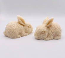 Load image into Gallery viewer, Handmade vegan soaps featuring a set of two detailed rabbit soaps, beautifully gift boxed in eco friendly packaging. crafted with natural French clays, activated charcoal and essential oils. a eco-friendly, zero waste gift that’s cruelty-free, skin-nourishing, and perfect for rabbit owners gifts and Mother’s Day. Small business UK