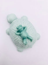 Load image into Gallery viewer, turtle frog soap, handmade animal soap, vegan soap for kids, nature themed soap, eco-friendly animal soap, SLS free kids soap, cruelty free soap bar, frog shaped soap, turtle shaped soap, cute soap gift, natural soap UK, handcrafted vegan soap, wildlife soap gift, bath gift for children, palm oil free soap