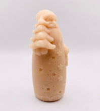Load image into Gallery viewer, Christmas Gift UK. Handmade Father Christmas vegan soap in indigo blue, detailed with a long beard, cosy hat, flowing robe with star cutouts, and holding a small Christmas tree over one shoulder and a lantern in the other hand. available in your own choice of coloured clays and essential oils. zero waste gift UK.