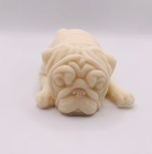 Load image into Gallery viewer, Pug gift | pug lover gift | unique pug gift | pug dog | Sleepy Pug Vegan Soap This sleepy pug soap is not only adorable but vegan, cruelty-free, and wrapped with beautiful eco-friendly packaging, it's the perfect blend of pampering and planet-friendly goodness! 
Available in your choice of colour and essential oil: