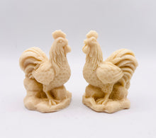 Load image into Gallery viewer, Handmade vegan soaps featuring a set of two cockerels gift boxed in beautiful eco friendly packaging. crafted with natural French clays, activated charcoal and essential oils. a eco-friendly, zero waste gift that’s cruelty-free, skin-nourishing, the perfect gift for chicken lovers or for animal lover gifts. small business UK