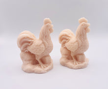 Load image into Gallery viewer, Handmade vegan soaps featuring a set of two cockerels gift boxed in beautiful eco friendly packaging. crafted with natural French clays, activated charcoal and essential oils. a eco-friendly, zero waste gift that’s cruelty-free, skin-nourishing, the perfect gift for chicken lovers or for animal lover gifts. small business UK