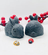 Load image into Gallery viewer, Handmade vegan soaps featuring a set of two detailed rabbit soaps, beautifully gift boxed in eco friendly packaging. crafted with natural French clays, activated charcoal and essential oils. a eco-friendly, zero waste gift that’s cruelty-free, skin-nourishing, and perfect for rabbit owners gifts and Mother’s Day. Small business UK