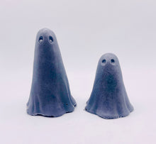 Load image into Gallery viewer, Handmade vegan soaps shaped as a set of two cute sheet ghosts beautifully gift boxed in eco friendly packaging. crafted with natural French clays, activated charcoal and essential oils. a eco-friendly, zero waste gift that’s cruelty-free, skin-nourishing, and perfect for Halloween and gifting. Small Business UK