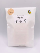 Load image into Gallery viewer, Handmade vegan soap featuring the writing GAY BAR and packaged in beautiful eco friendly packaging. crafted with natural French clays, activated charcoal and essential oils. a eco-friendly, zero waste gift that’s cruelty-free, skin-nourishing, and perfect for pride Gifts and novelty themed gifts. Small business UK