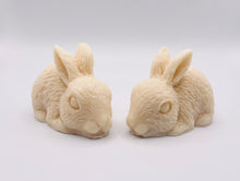 Load image into Gallery viewer, Handmade vegan soaps featuring a set of two detailed rabbit soaps, beautifully gift boxed in eco friendly packaging. crafted with natural French clays, activated charcoal and essential oils. a eco-friendly, zero waste gift that’s cruelty-free, skin-nourishing, and perfect for rabbit owners gifts and Mother’s Day. Small business UK